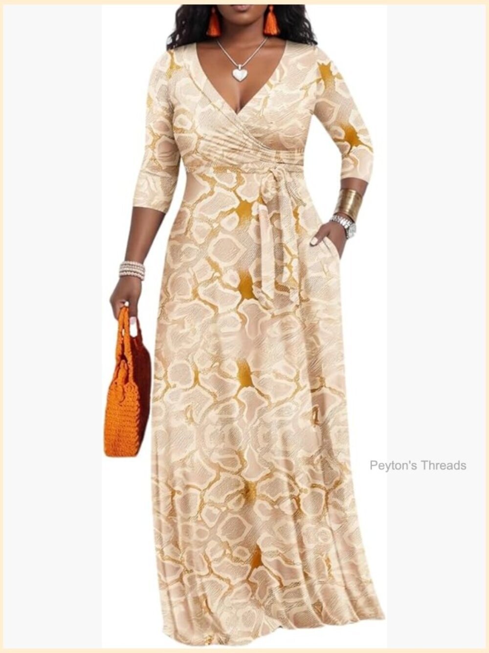 Plus Size Maxi Dress 3/4 Sleeve V-Neck Floral Print with Belt